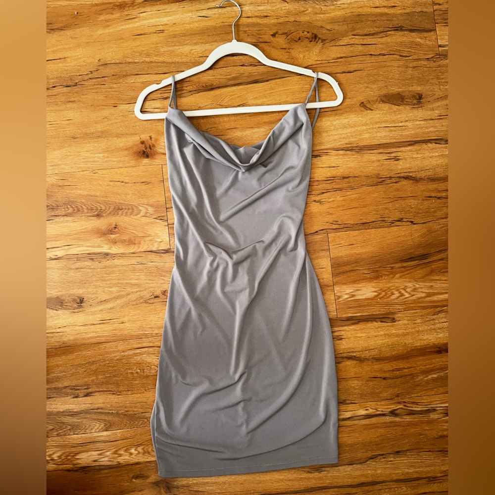 Brand New Grey Dress Draped Collar and Backless